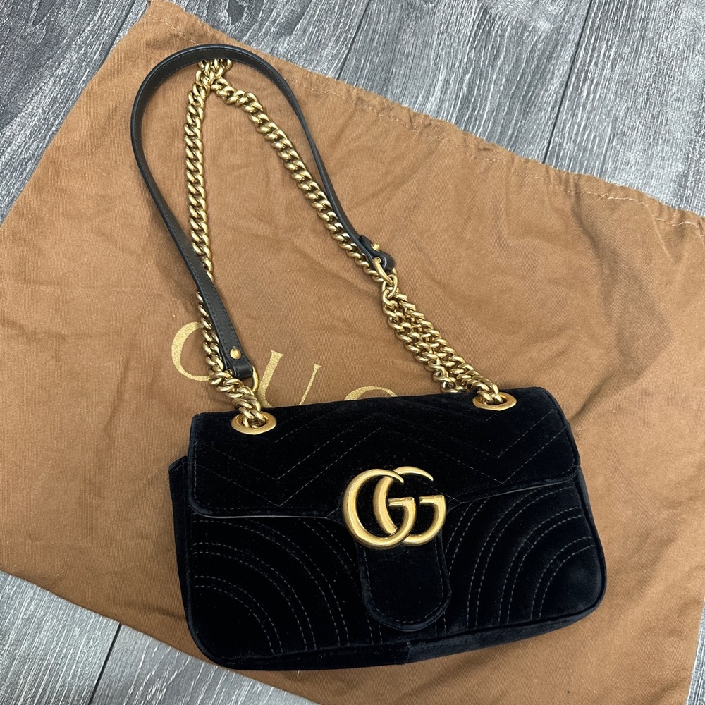 Gucci Velvet Matelasse Small GG Marmont Shoulder Bag Black